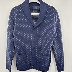 J Crew Lambs Wool Shawl Cardigan Mens Long Sleeve Button Sweater‎ Blue Small